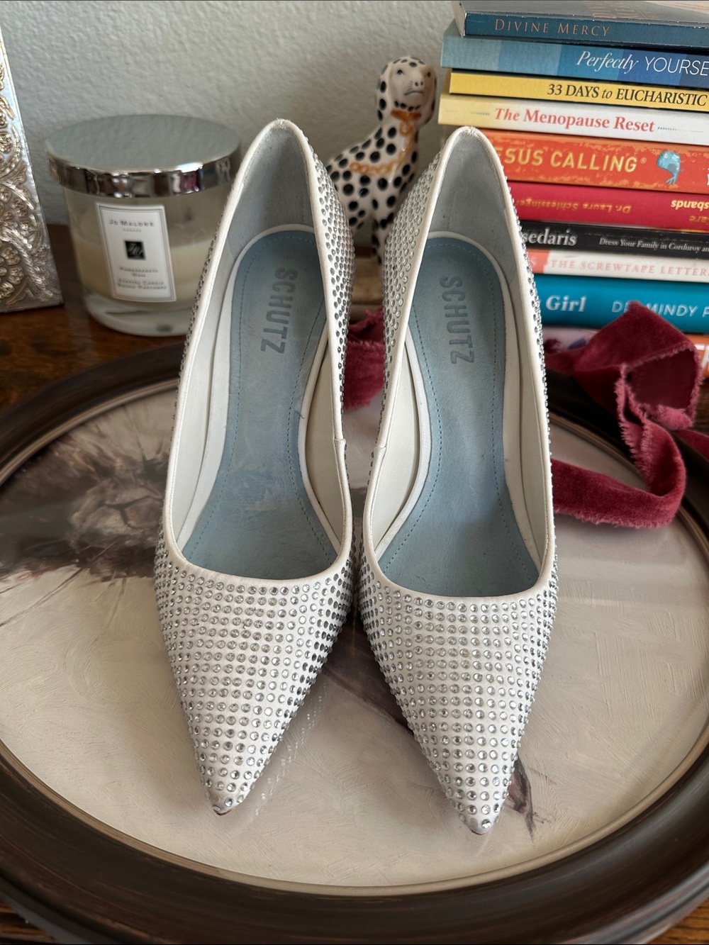 SCHUTZ White Crystal-Studded Pointed Toe Heels